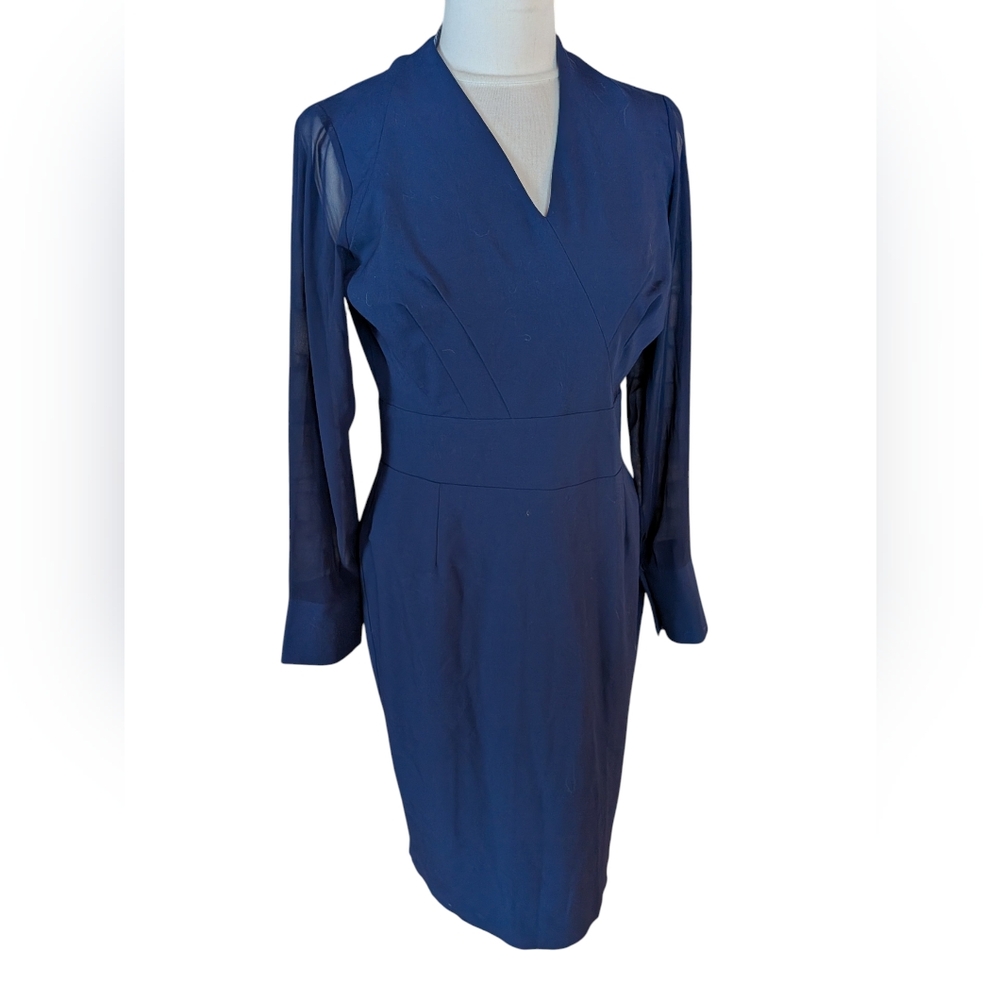 Stylove Blue Midi Dress V Neck Sheer Long Sleeve Dress Size Large